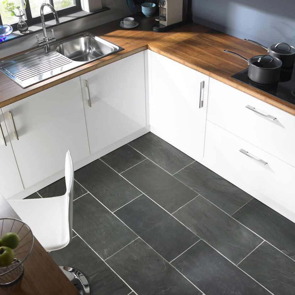 Modern Kitchen Tile Floors
 modern gray kitchen floor tile idea and wooden countertop