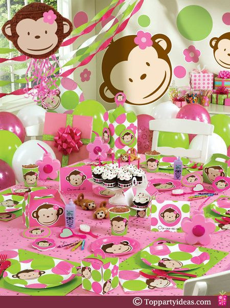 Monkey Birthday Party Supplies
 Pink Mod Monkey Party Supplies with pink and green polka