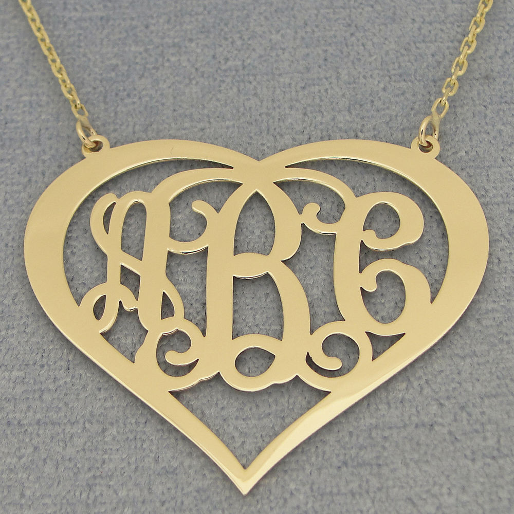 Monogram Necklace Gold
 14k Solid Gold 3 Initials Heart Monogram Necklace 1 1 2