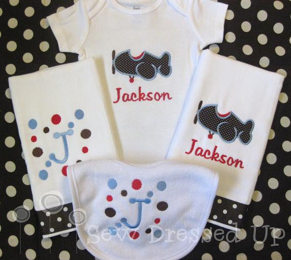 Monogrammed Baby Boy Gifts
 Monogrammed Airplane Baby Boy Gift Set with by AWEembroidery