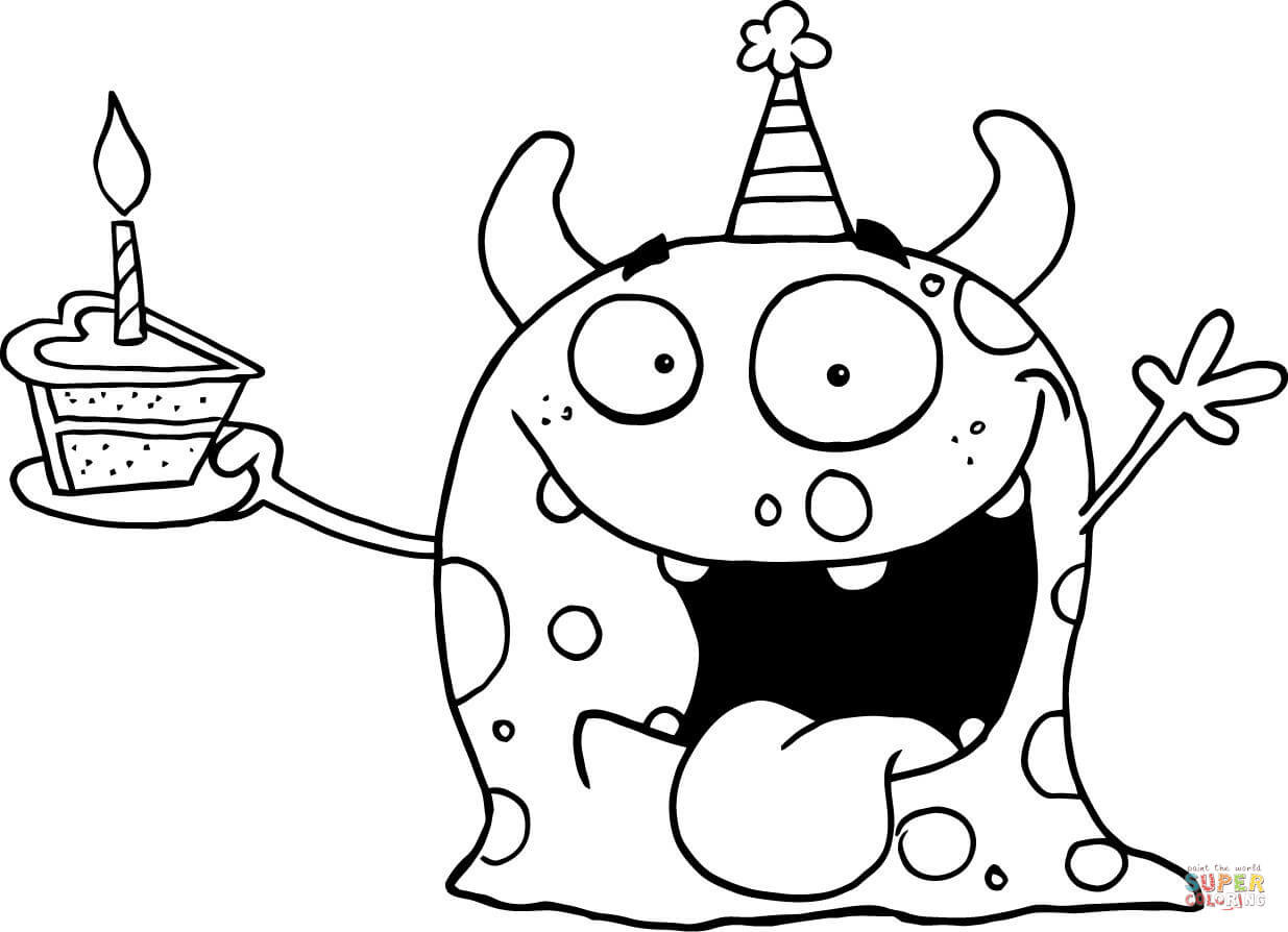 Monster Coloring Pages For Kids
 Happy Monster Celebrates Birthday with Cake coloring page