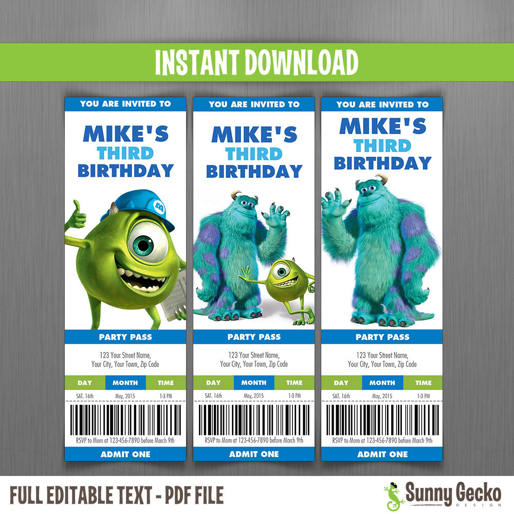 Monster Inc Birthday Invitations
 Monsters Inc Birthday Ticket Invitations Instant