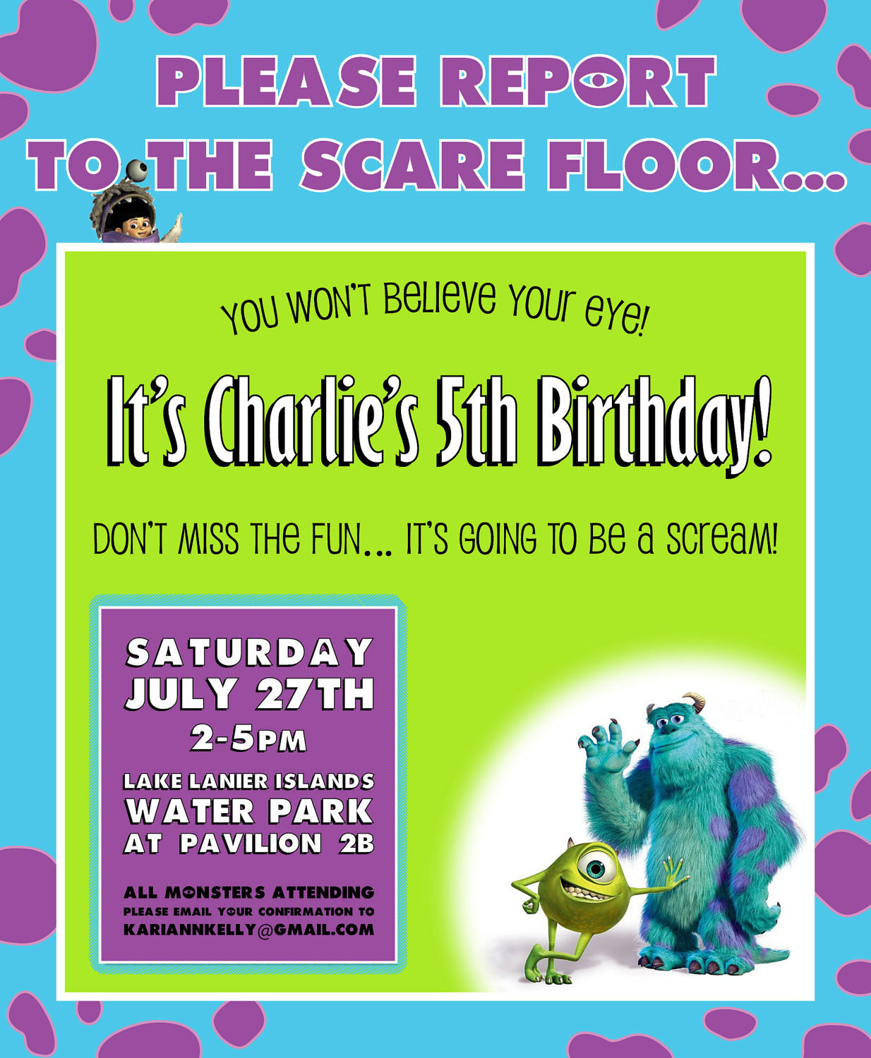 Monster Inc Birthday Invitations
 Monsters Inc Birthday Invitation Design by kariannkelly