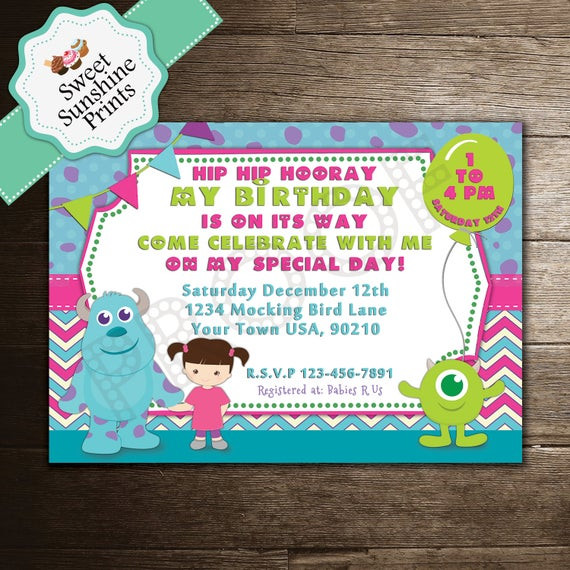 Monster Inc Birthday Invitations
 Monsters Inc Birthday Party Invitation by SweetSunshinePrints