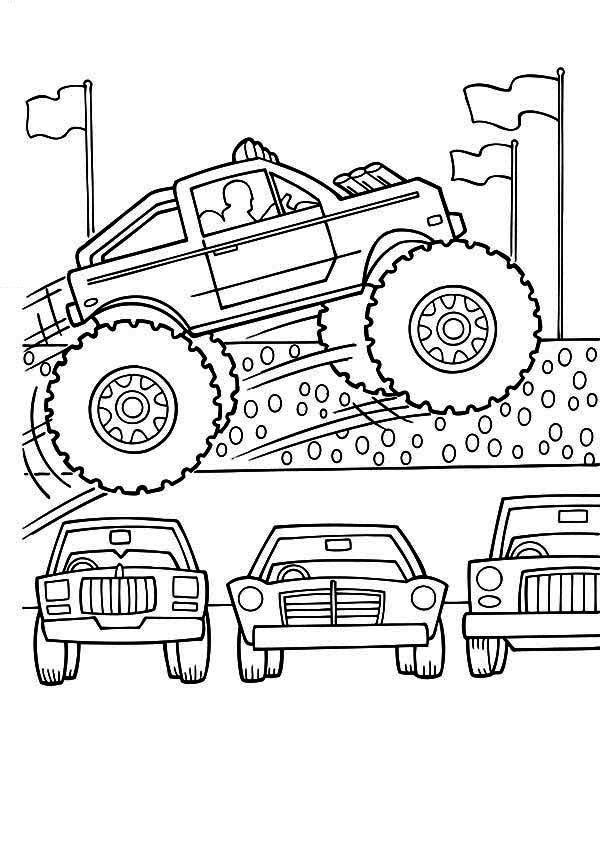 Monster Truck Coloring Pages For Kids
 Monster Truck Monster Truck Jumps Over Cars Coloring