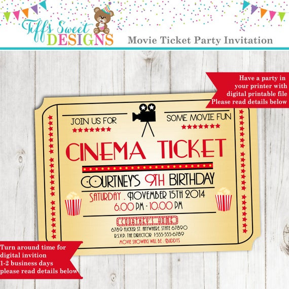 Movie Ticket Birthday Invitation
 Movie Night Invitation Movie Ticket Invitation Cinema