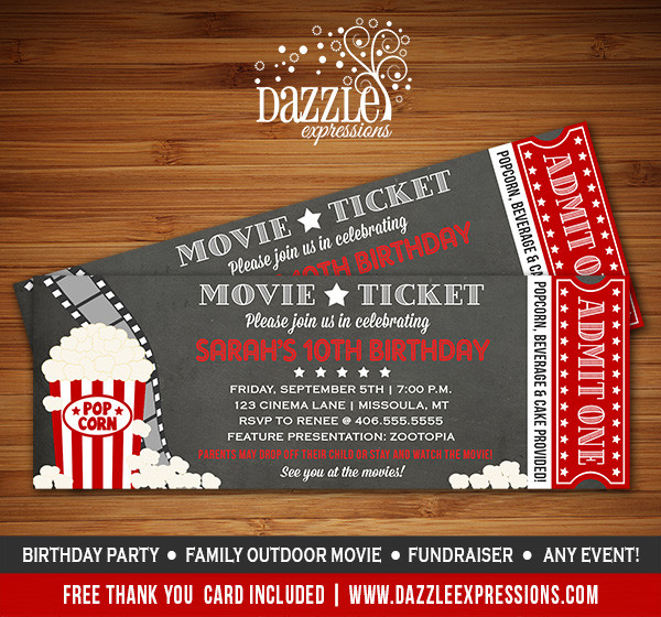 Movie Ticket Birthday Invitation
 Printable Chalkboard Movie Night Ticket Birthday