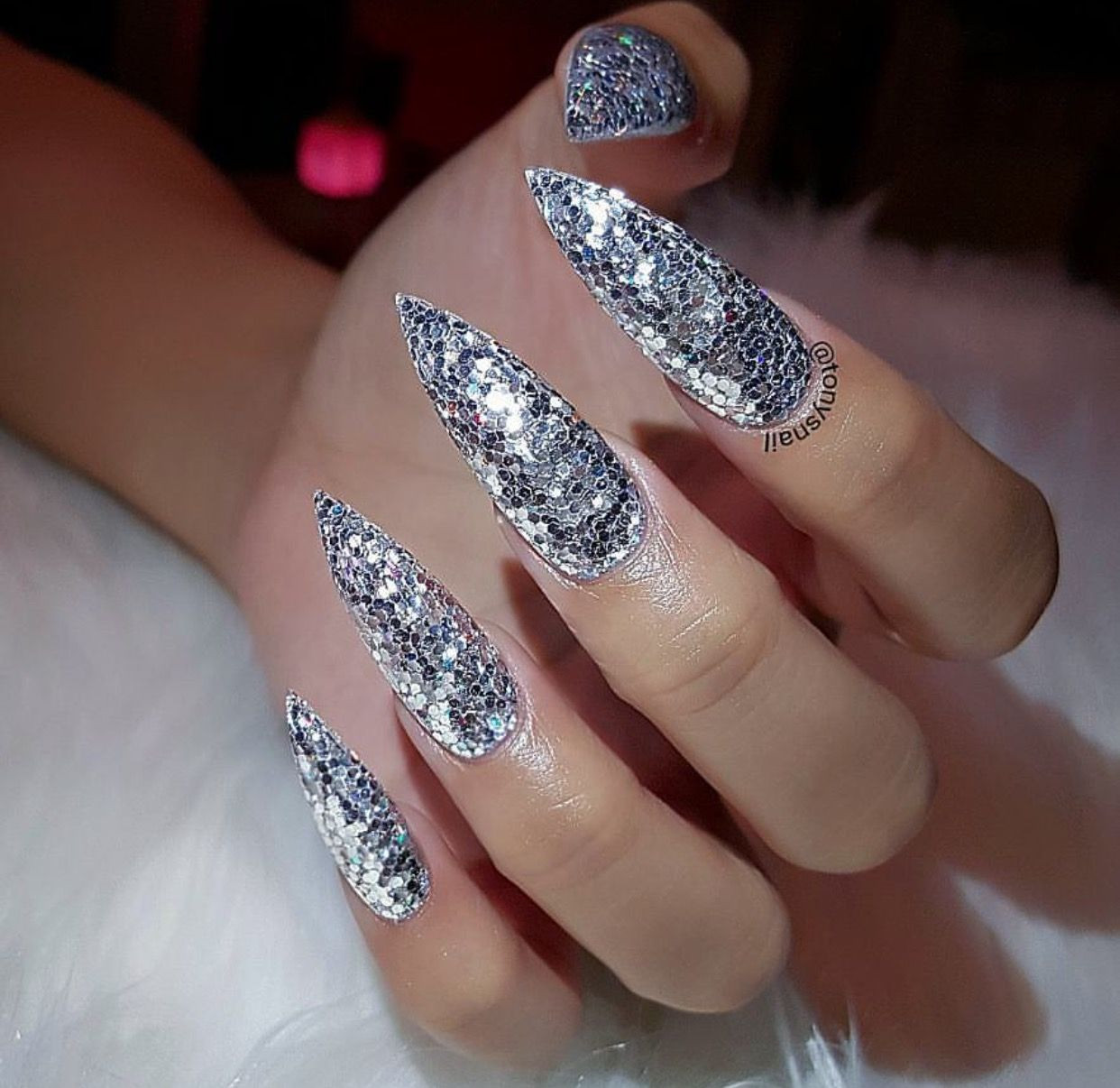 Nails With Silver Glitter
 Custom long silver glitter stiletto nails