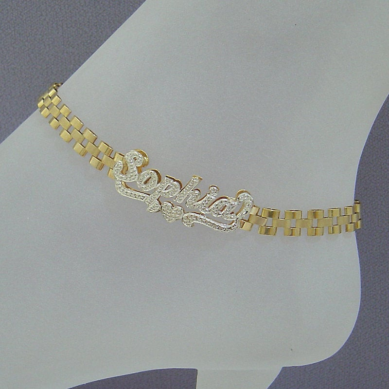 Name Anklet
 10K Gold Personalized Name 6mm Watch Band Style Ankle Bracelet