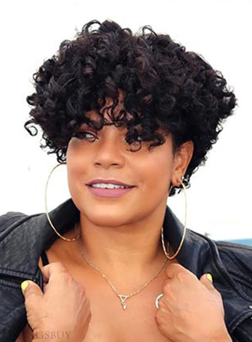 Natural Hairstyles With Bangs
 Pixie Messy Natural Black Short Kinky Curly Synthetic Hair