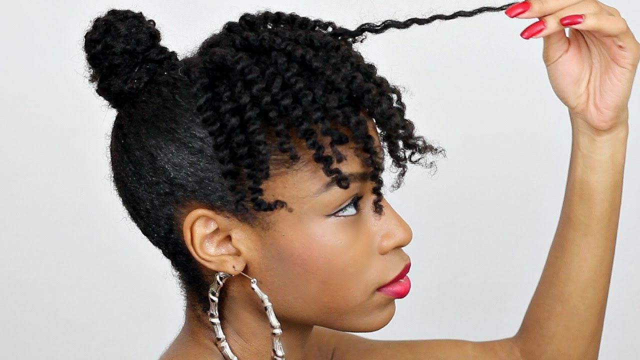 Natural Hairstyles With Bangs
 Bun with Faux Curly Bangs Natural Hair