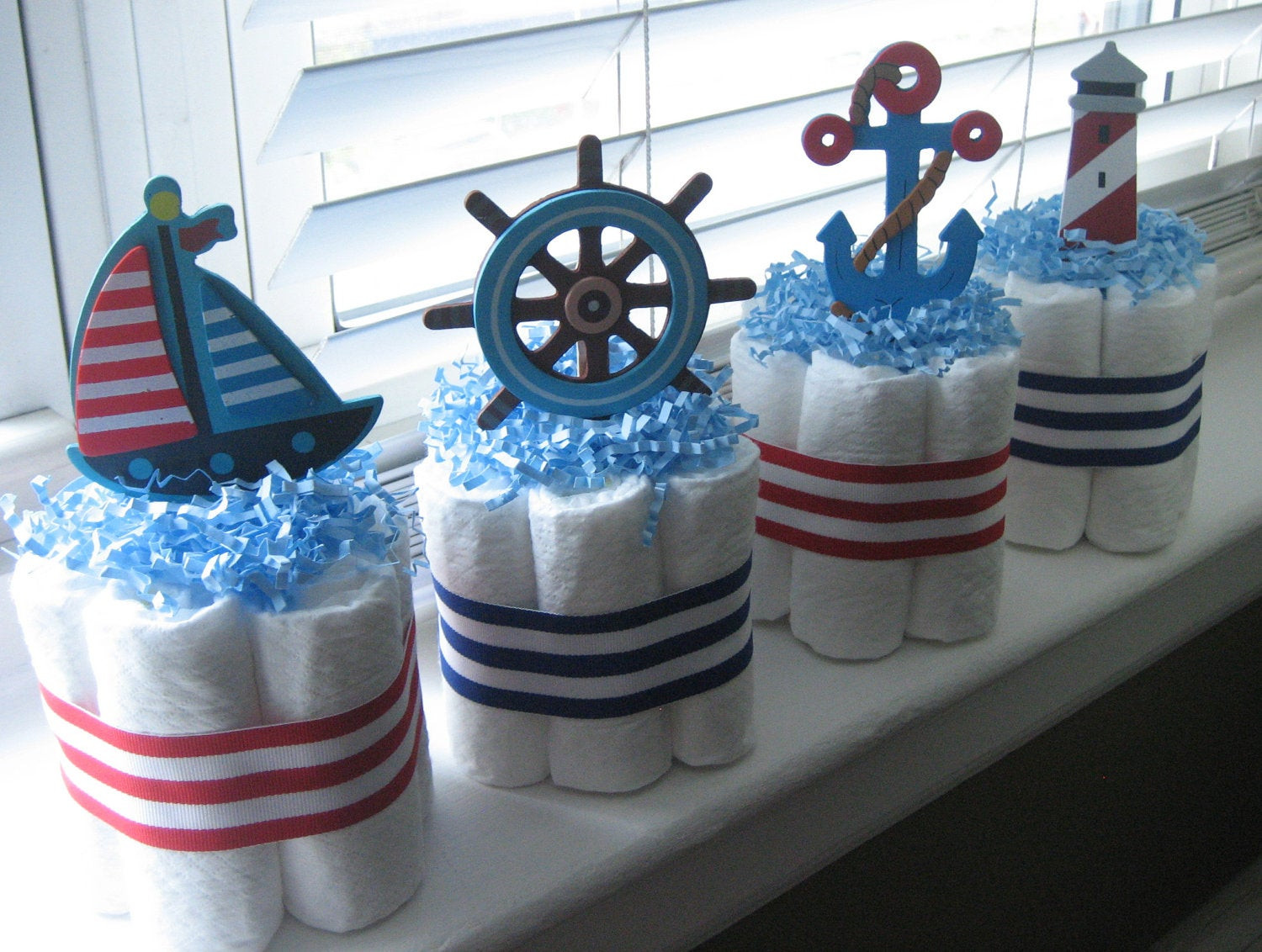 Nautical Decor Baby Shower
 FOUR Nautical Mini Diaper Cakes for Baby by