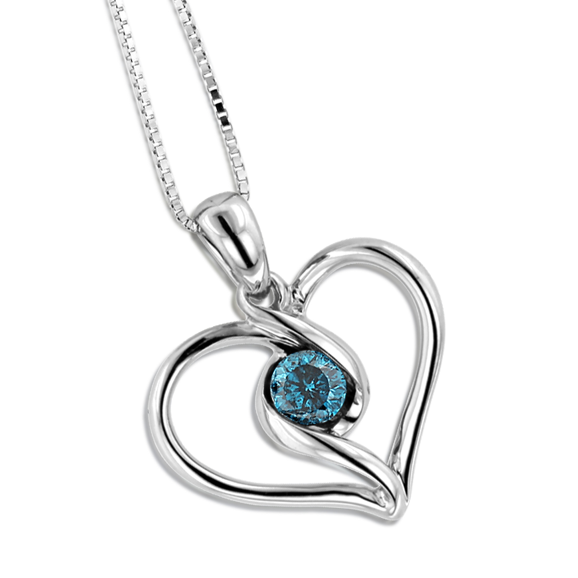 Necklace For Women
 14K White Gold Single Blue Diamond Heart Necklace For