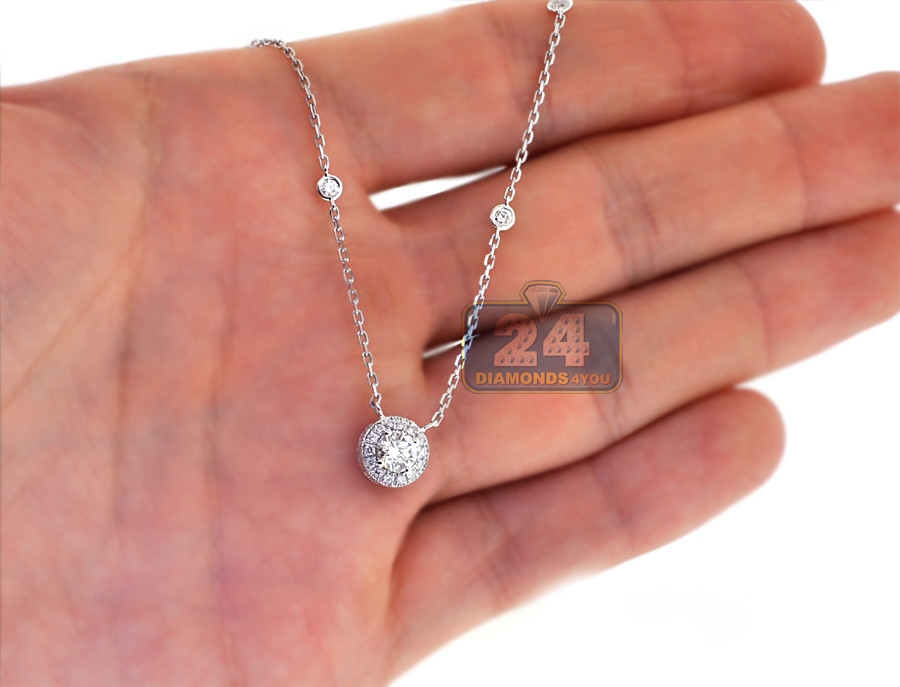 Necklace For Women
 Womens Diamond Drop Halo Pendant Necklace 14K White Gold 0