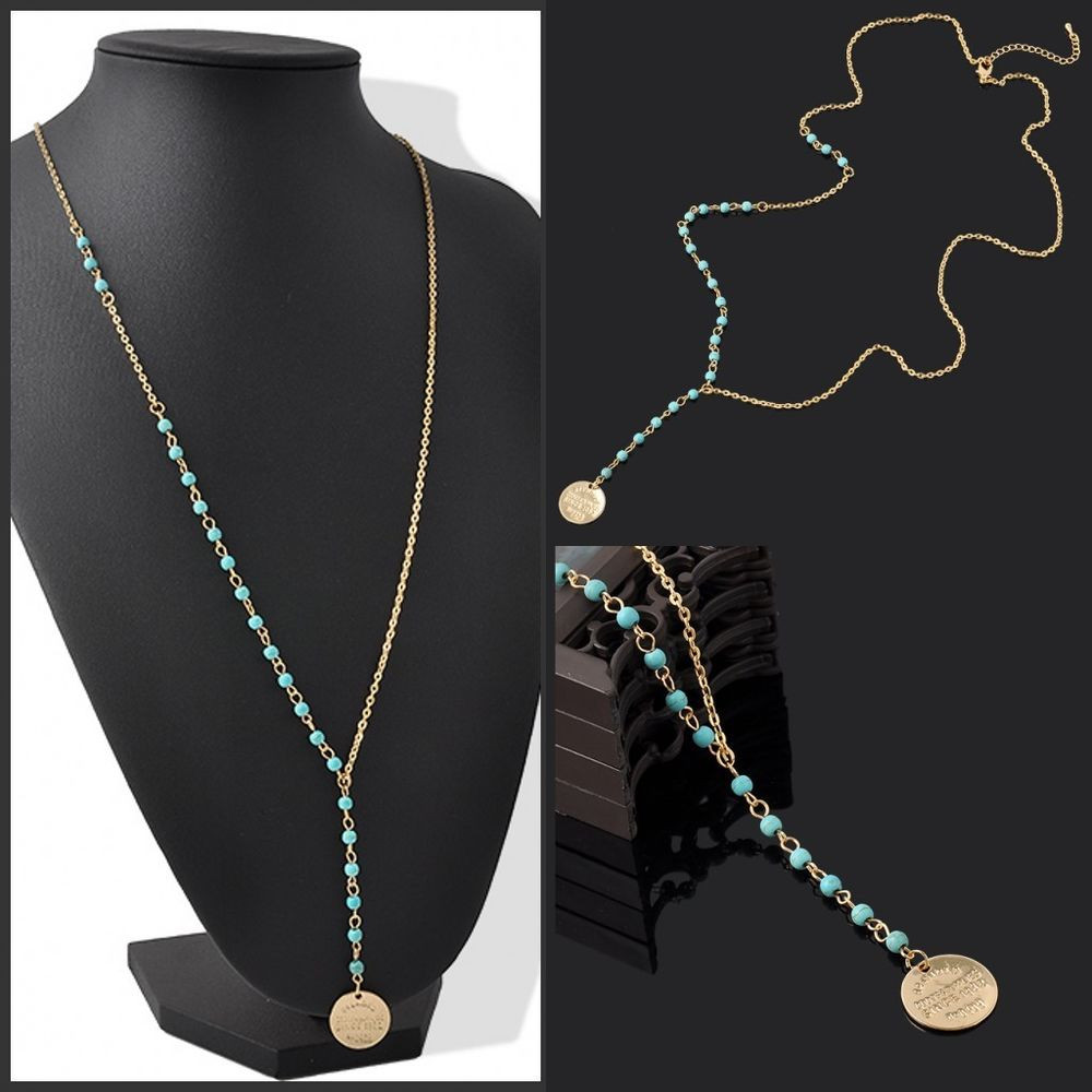 Necklace For Women
 Elegant Women Lady Turquoise Beads Pendant Long Chain Gold