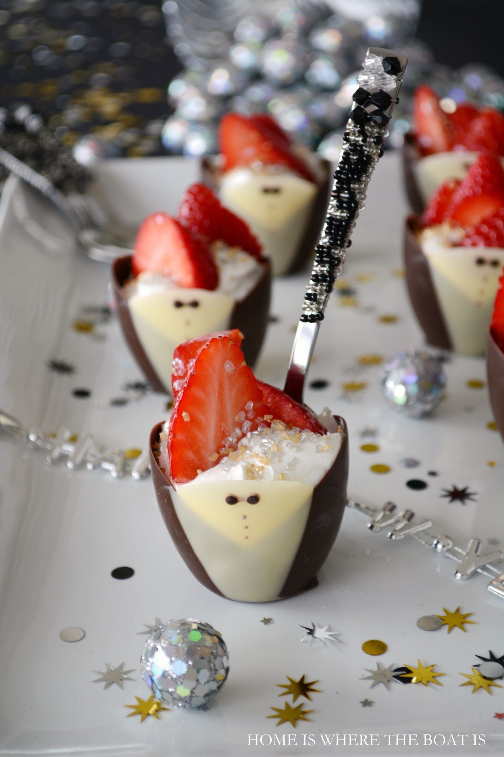 New Year Desserts
 Happy New Year Chocolate Tuxedo Cups with Strawberries