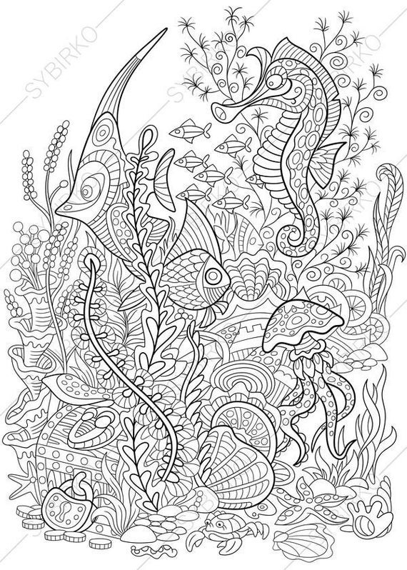 Ocean Coloring Pages For Adults
 Ocean World Seahorse Jellyfish Tropical Fishes Treasure
