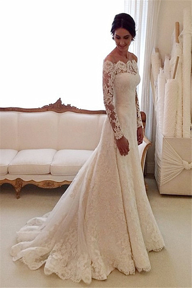 Off White Wedding Dress
 White f the shoulder Lace Long Sleeve Bridal Gowns