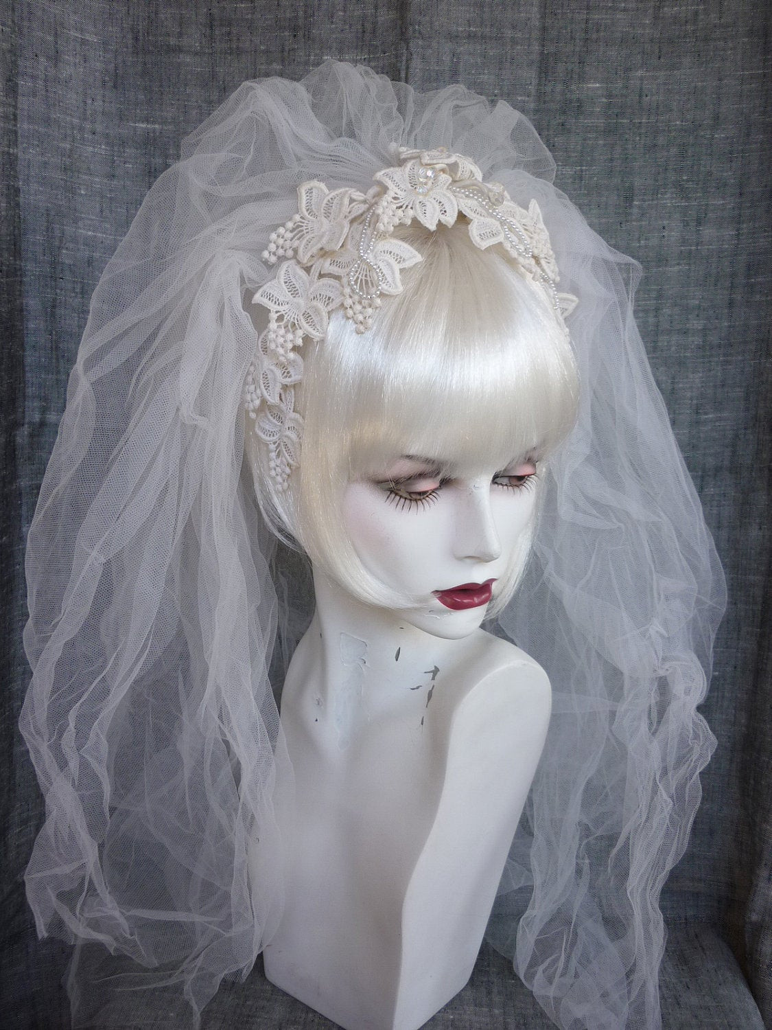 Old Wedding Veils
 Vintage Bridal Veil Lace Flower Headband 70s 80s