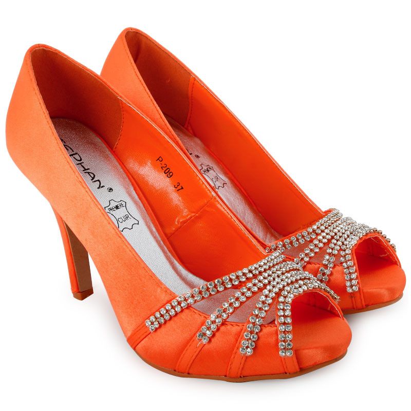 Orange Shoes For Wedding
 LADIES ORANGE DIAMANTE PEEPTOE STILETTO HEELS WOMENS