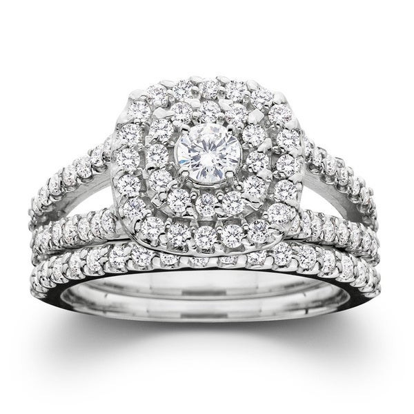 Overstock Com Wedding Rings
 Shop 10k White Gold 1ct TDW Diamond Halo Wedding Ring Set