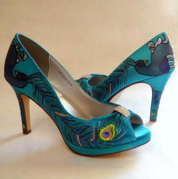 Painted Wedding Shoes
 Peacock Wedding Shoes turquoise bridal shoes Painted by