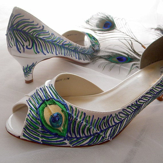 Painted Wedding Shoes
 Wedding Shoes peacock feather painted low heel Sale by