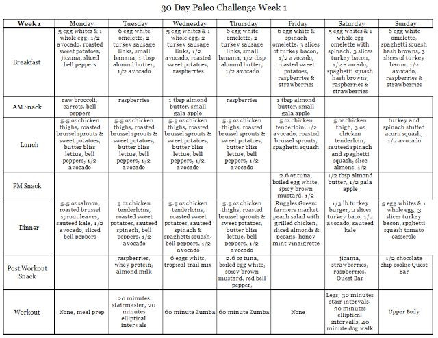Paleo Diet Sample Menu
 Week 1 of 30 day Paleo Challenge