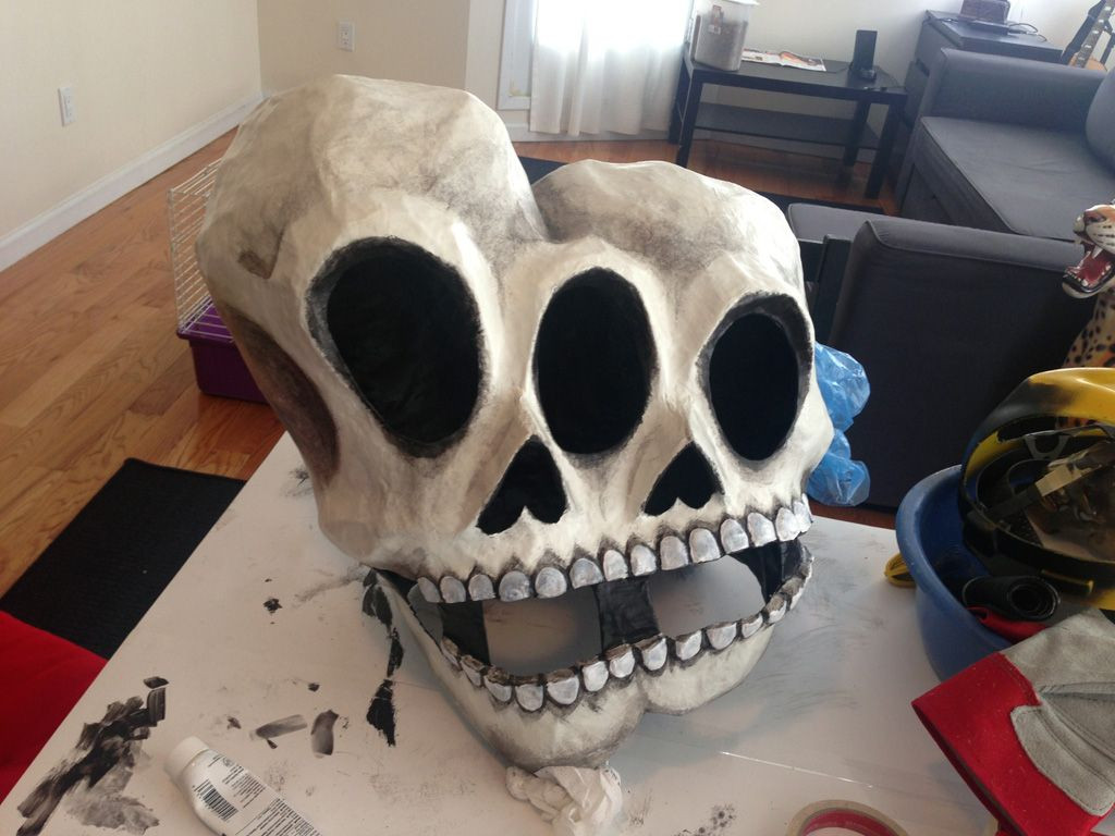 Paper Mache Masks DIY
 Paper mache skull mask with black wash and white drybrush