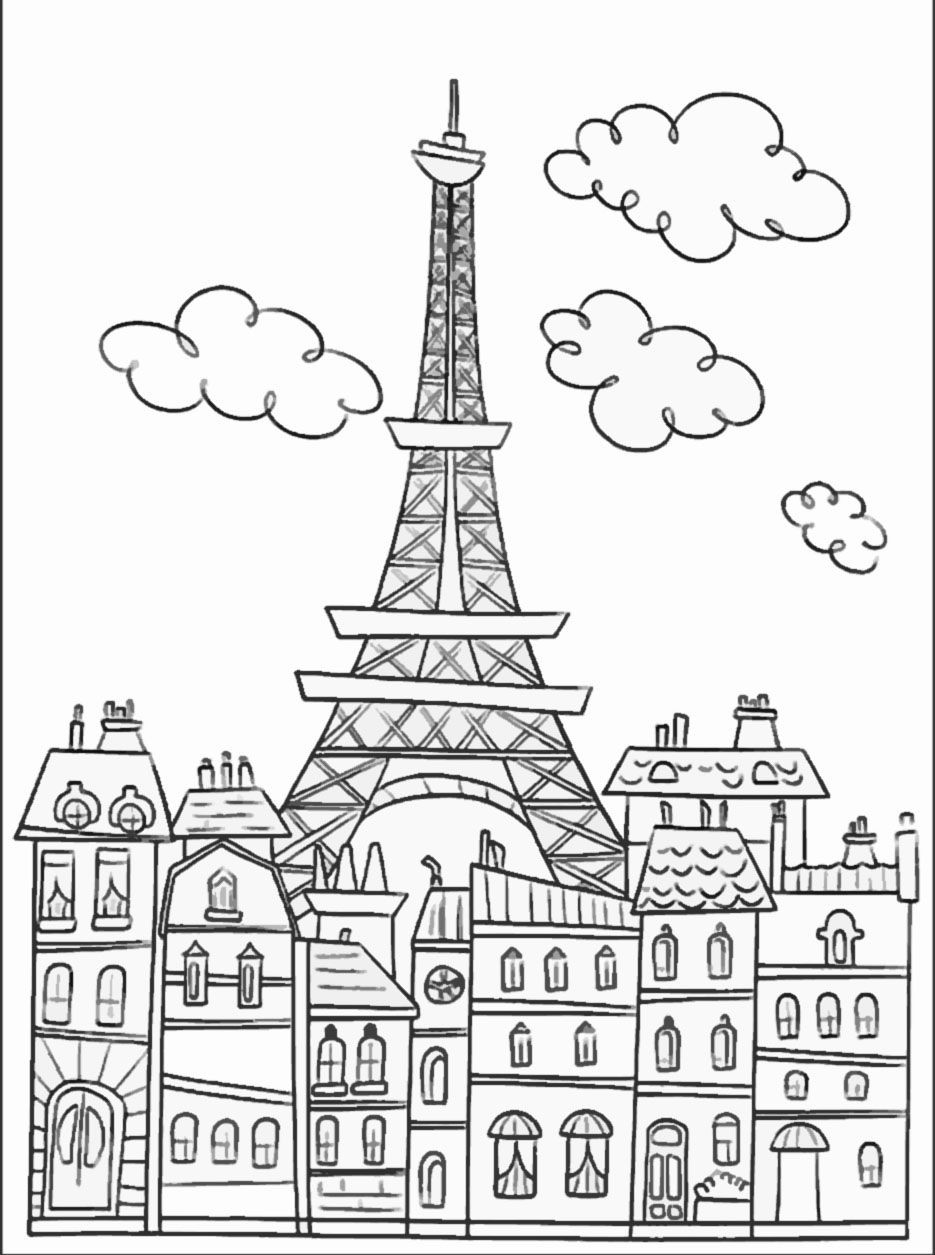 Paris Coloring Pages For Kids
 Paris buildings & Eiffel tower cute coloring page to