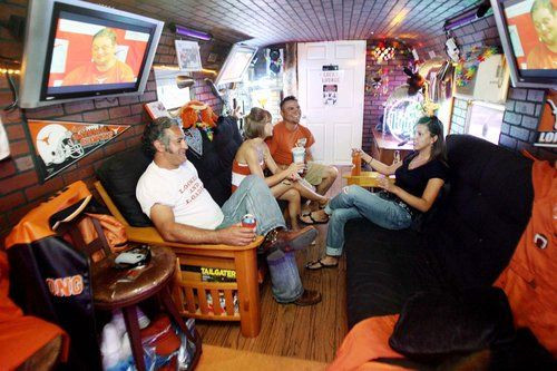 Party Bus Food Ideas
 School bus turned into a mobile tailgate with deck on the