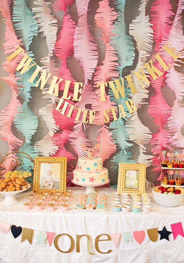Party Themes For 1 Year Old Baby Girl
 Pink and Gold Twinkle Little Star 1st Birthday Party
