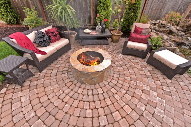 Paver Patio With Fire Pit
 Fire pit Water feature Pergola Paver courtyard