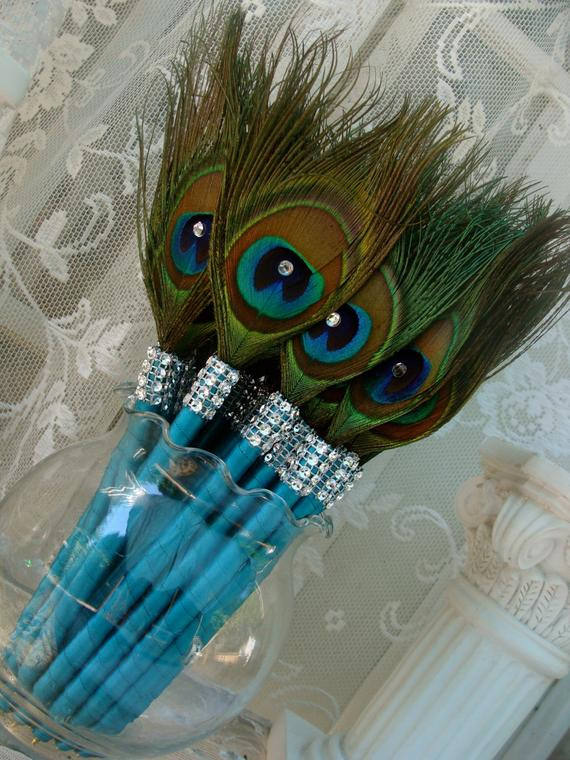 Peacock Birthday Decorations
 Items similar to 25 Peacock Feather Pen Favors with Bling