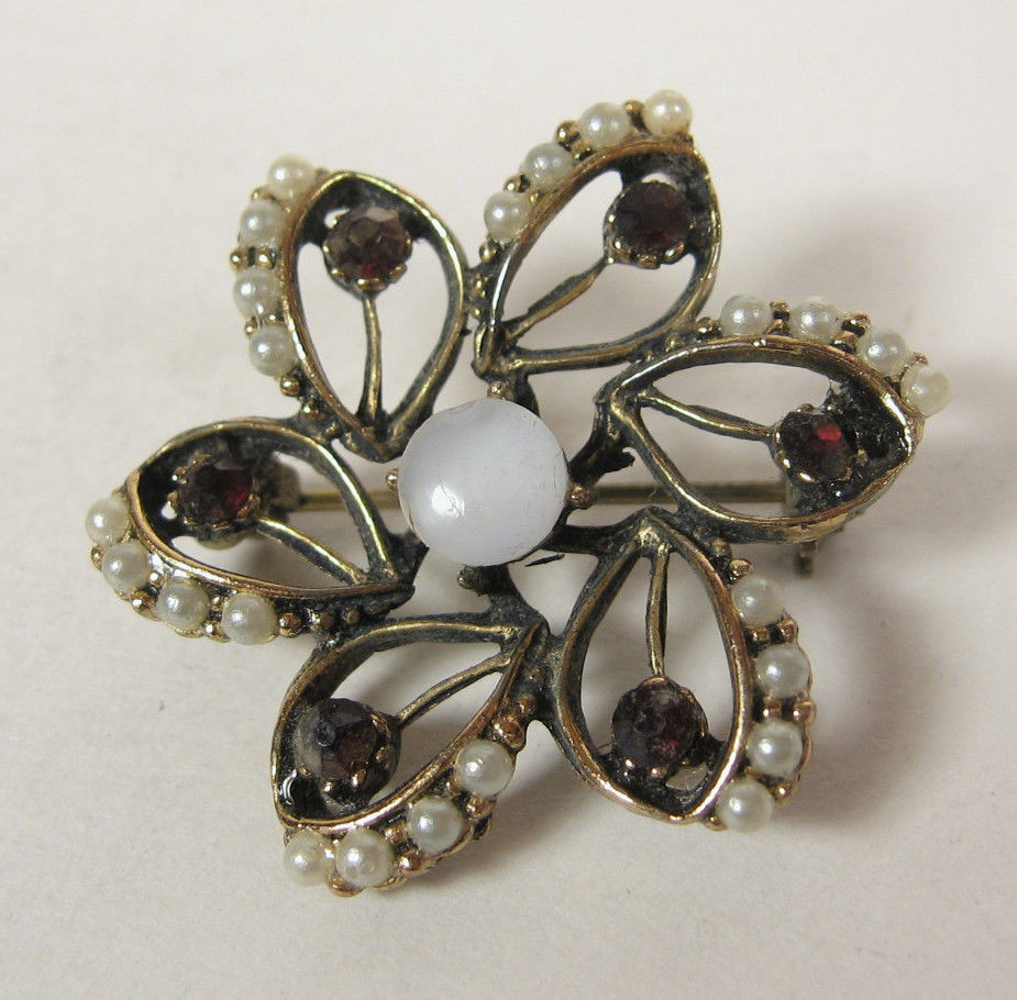 Pearl Brooches
 Vintage Pin Red Garnet Pearl White Mother of Pearl Brooch