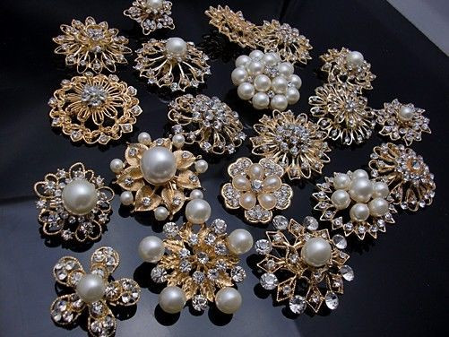 Pearl Brooches
 5 100 Gold Pearl Crystal Brooch Button DIY Bridal Wedding