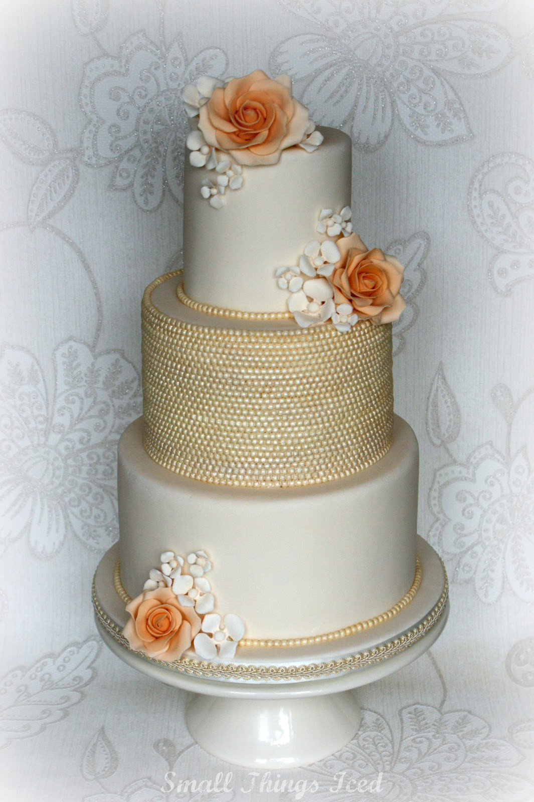 Pearl Wedding Cakes
 Small Things Iced Vintage Floral Pearl Wedding Cake