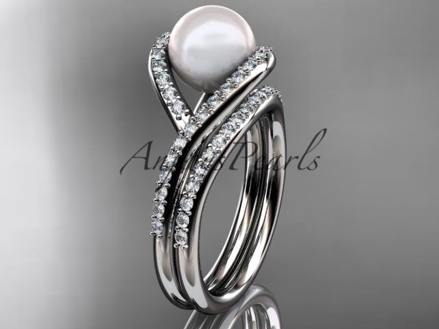 Pearl Wedding Ring Sets
 14kt white gold diamond pearl unique engagement set
