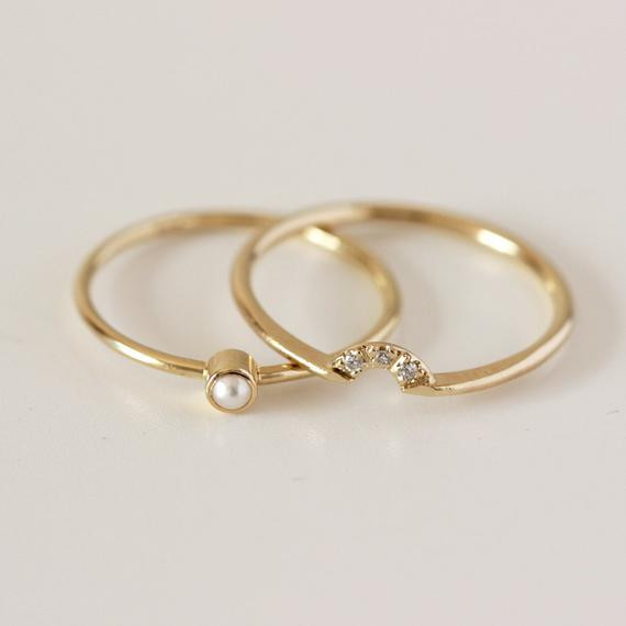 Pearl Wedding Ring Sets
 Wedding Set Pearl Ring & Diamond Crown Ring 14k Gold by