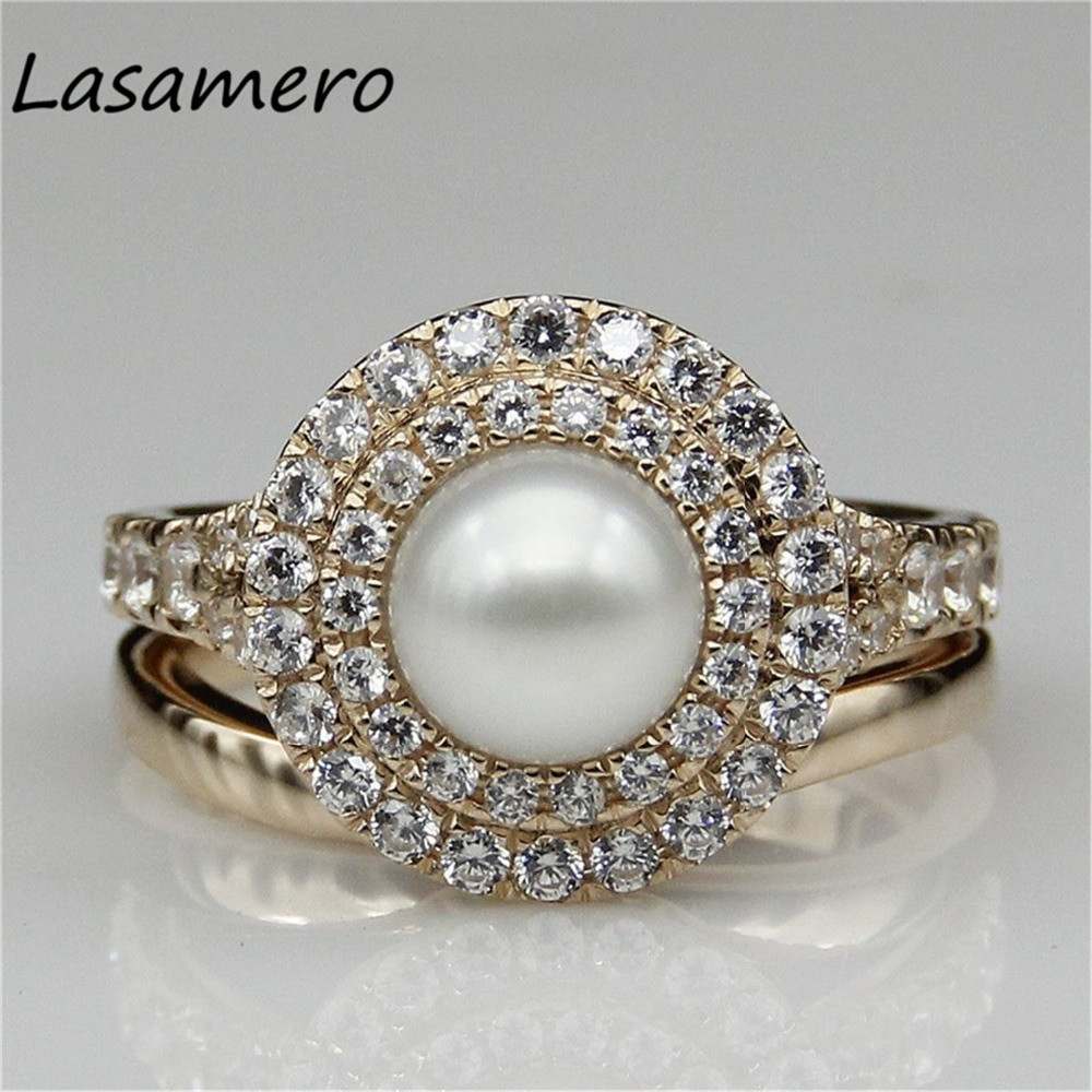 Pearl Wedding Ring Sets
 LASAMERO 9K Rose Gold Natural Pearl Bridal Sets Ring