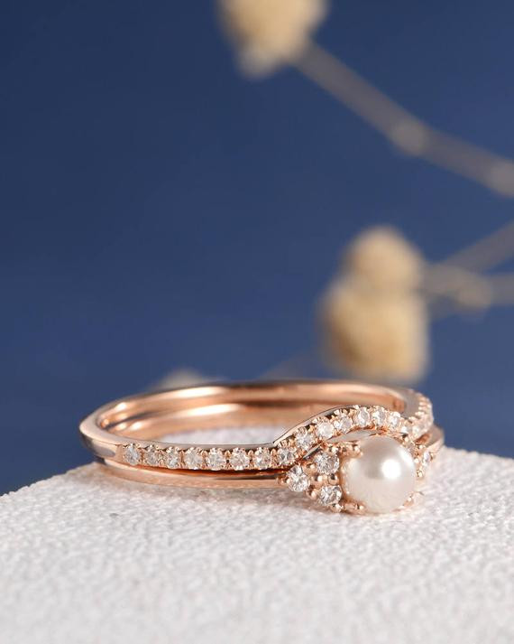 Pearl Wedding Ring Sets
 Pearl Engagement Ring Set Rose Gold Bridal Cluster Diamond