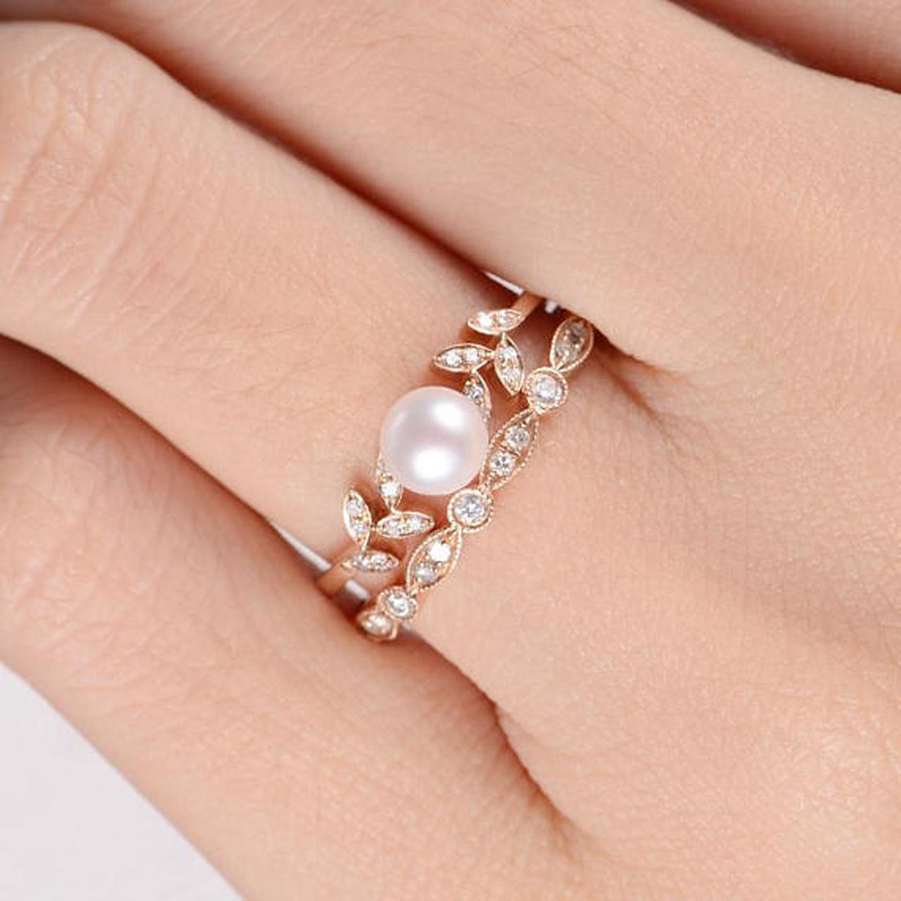 Pearl Wedding Ring Sets
 Pearl Rose Gold Engagement Ring Set Flower Bridal Ring