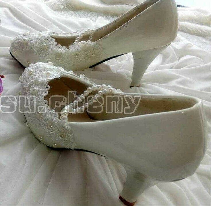 Pearl Wedding Shoes
 White lace pearls Wedding shoes Bridal flats low high heel