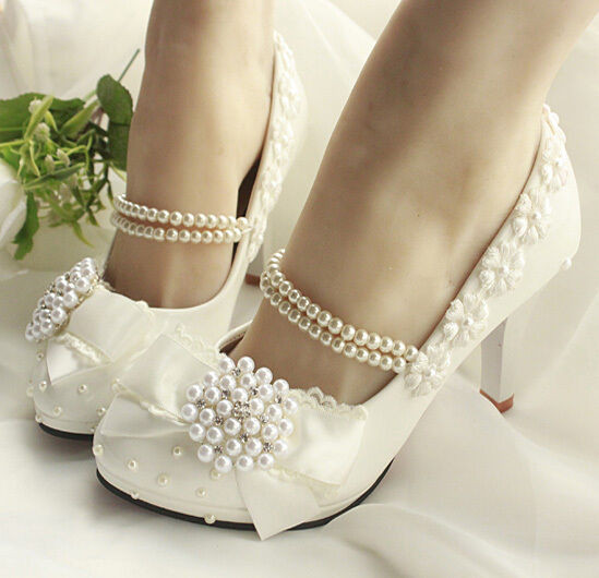 Pearl Wedding Shoes
 Handmade Pearl Ankel Chain Lace Flower Women Wedding