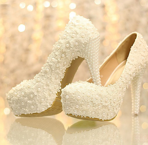 Pearl Wedding Shoes
 Lace Chunky Heel Closed Toe With Pearl Wedding Bridal