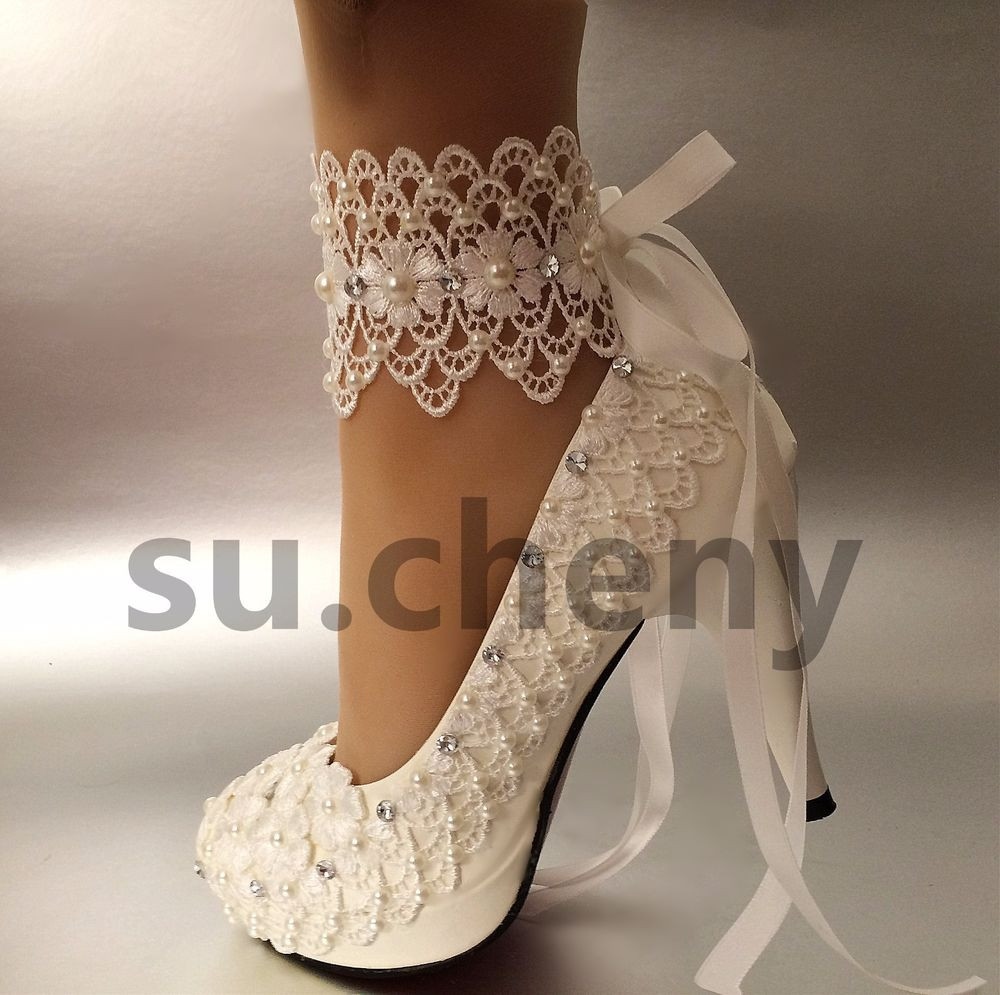 Pearl Wedding Shoes
 3" 4 " heel white ivory lace ribbon ankle pearls Wedding