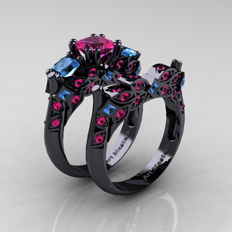 Pink And Black Wedding Ring Sets
 Designer Classic 14K Black Gold Three Stone Princess Pink