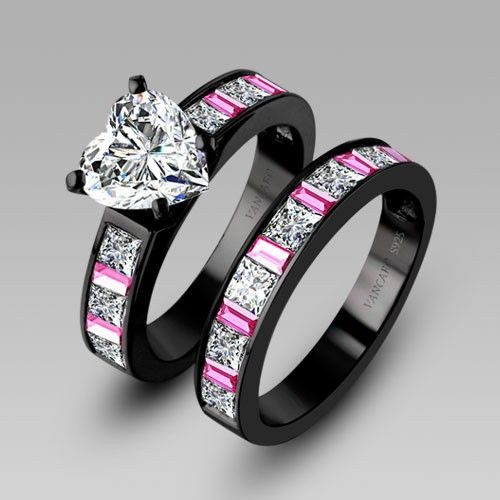Pink And Black Wedding Ring Sets
 White Heart Cubic Zirconia Black Engagement Ring Wedding