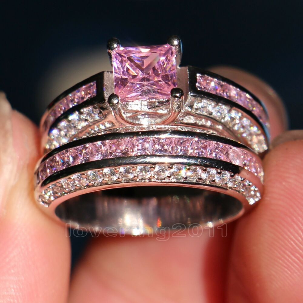Pink And Black Wedding Ring Sets
 Brand Pink Sapphire Diamonique 10KT White Gold GF Wedding