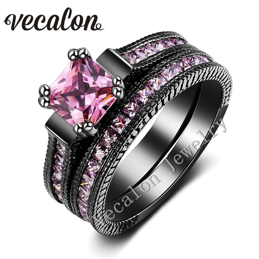 Pink And Black Wedding Ring Sets
 Vecalon Vintage Wedding Band Ring Set for Women Pink stone